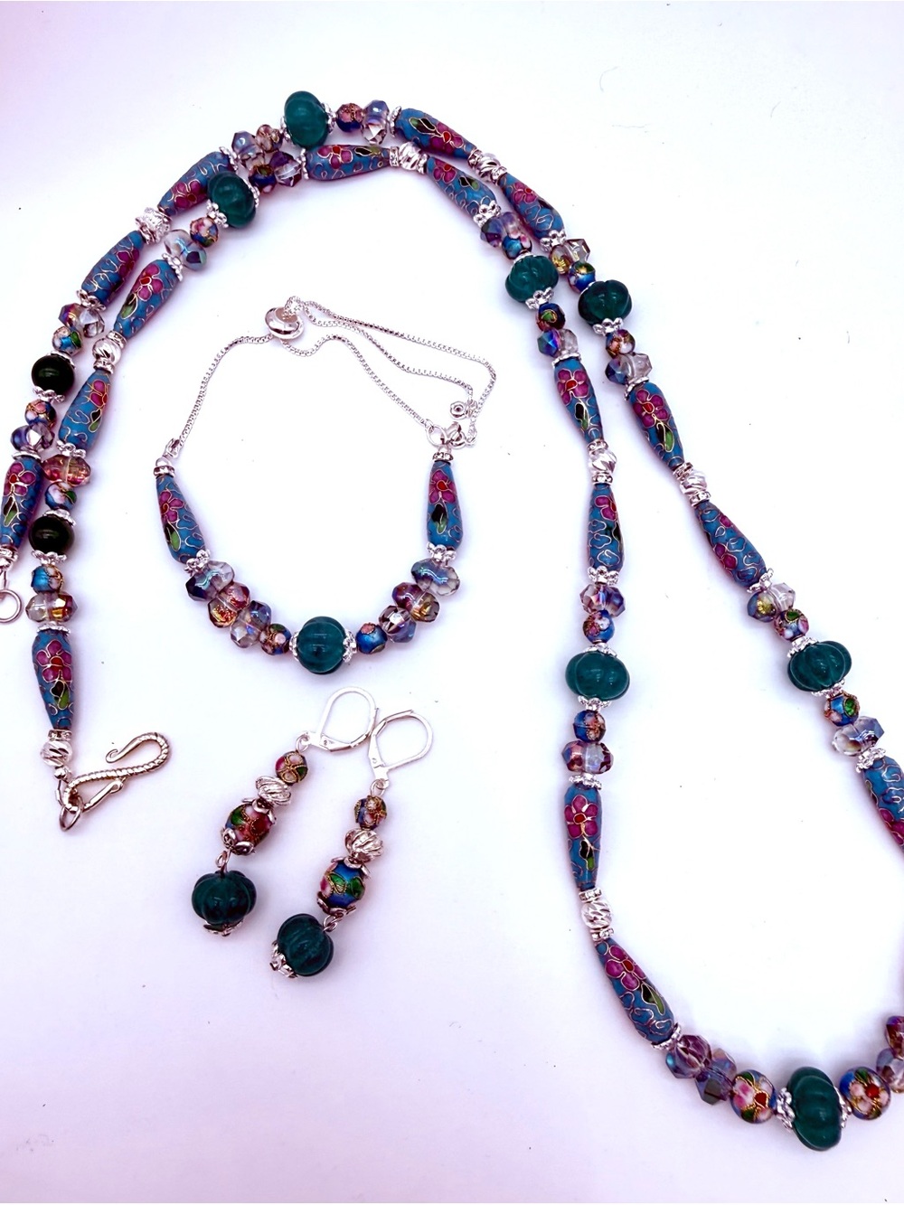Artisan Cloisonné & Carved Jade Necklace, Bracelet set - Picture 2 of 6